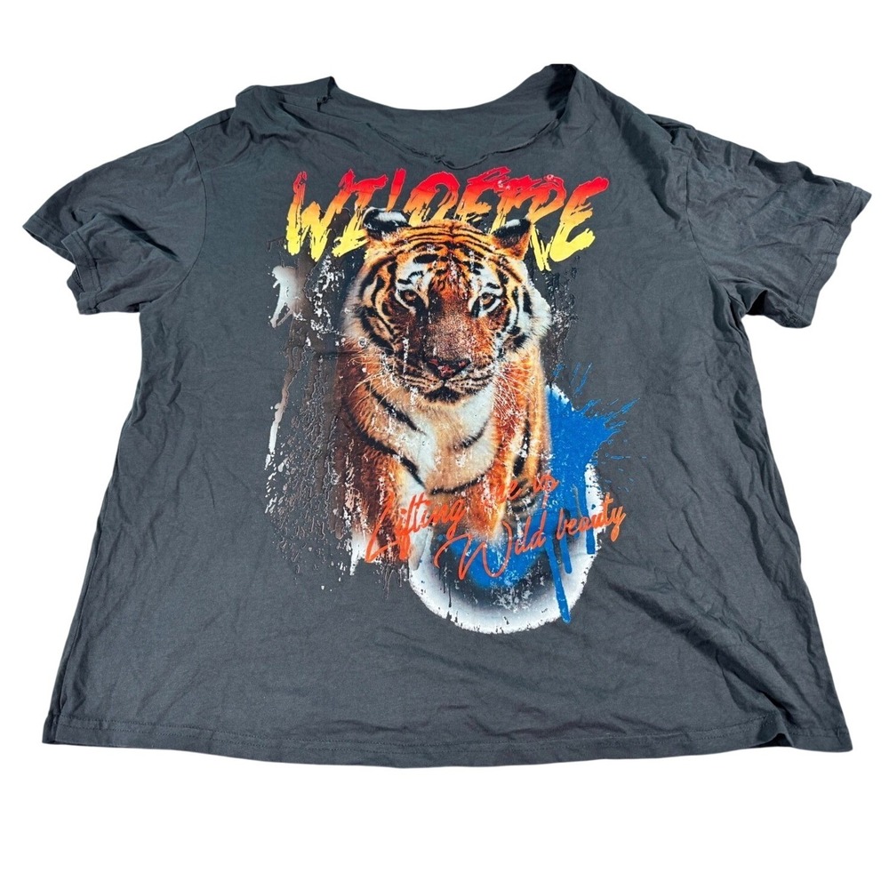 Graphic T Shirt Wild Style Tiger Print Distressed Neckline Charcoal Gray